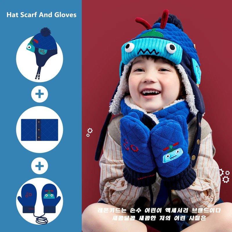 

Dinosaur Unicorn Style Kids Skiing Caps & Scarfs Baby Winter Hats Children Warm Gloves For Boys Girls Suit Hat Scarf And Gloves