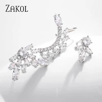 zakol asymmetric feather shape shiny cubic zirconia long big ear cuff stud earrings for women fashioin party jewelry ep2540