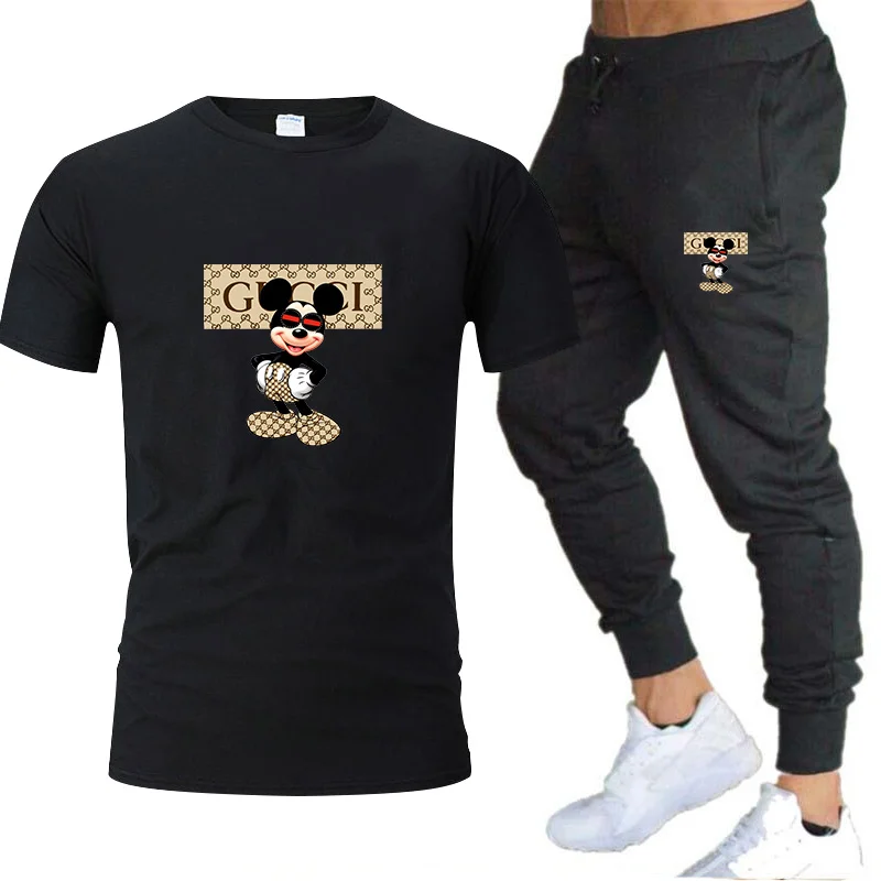 

2022 Hot Disney Mickey Mouse print Men's sets sportswear pure cotton Gym Fitness Running short sleeve T-shirt+jogging trousers