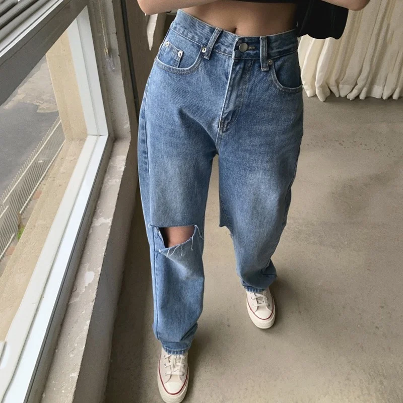 2021 New Summer Women High Waist Straight Jeans Street Style Casual Ripped Hole Jeans Female Blue Washed Loose Pop Denim Pants
