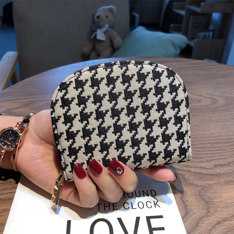 New Design Women Card Holders Fashion Houndstooth Embroidery Business Credit ID Card Bag Two-tone Excellent Canvas Coin Purse