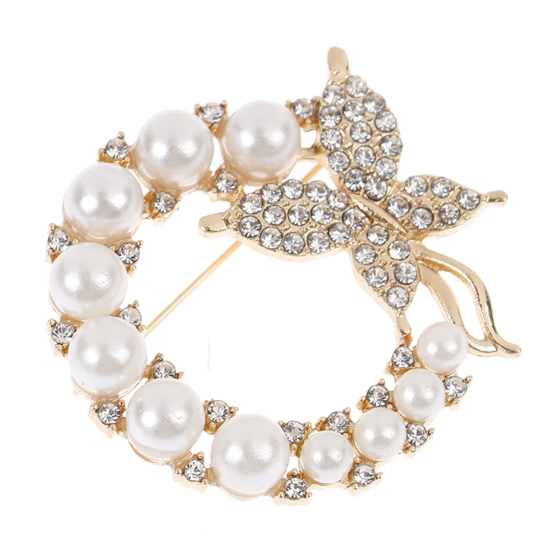 

1PCS Pearl Rhinestone Wreath Butterfly Brooch For Women Baroque Trendy Elegant Circle Leaf Brooch Pins Party Wedding Gifts