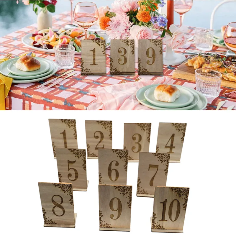 

10PC Wooden Table Number Rustic Table Sign Stand with holder base for Wedding Bridal Baby Shower Restaurant Reception Decoration