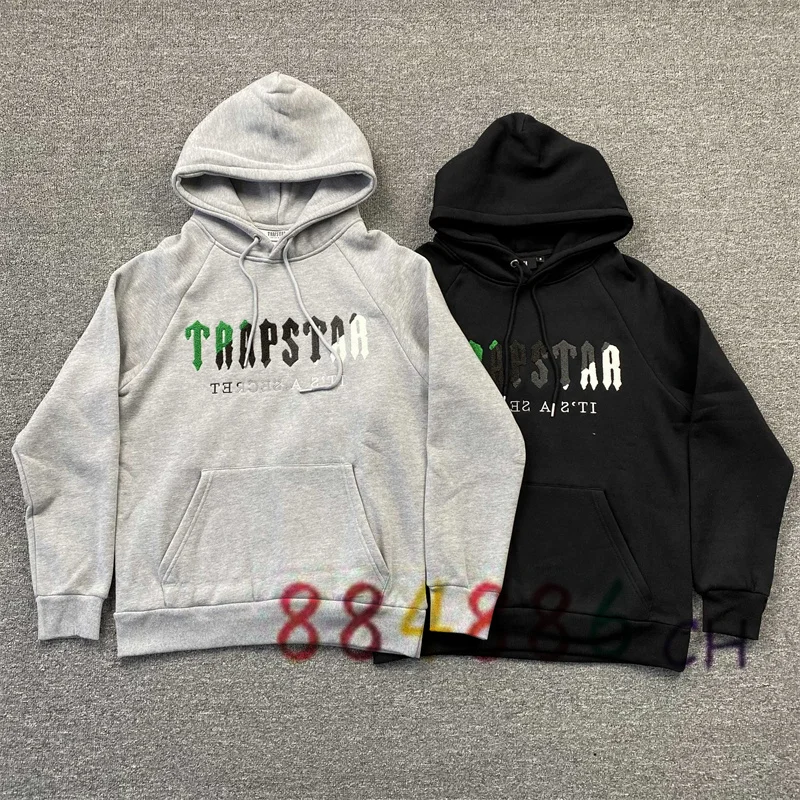 

Plus Velvet Hoodies Men and Women Green Black Towel Embroidered Sweatshirts Hip Hop Hooded Hoody Pullovers