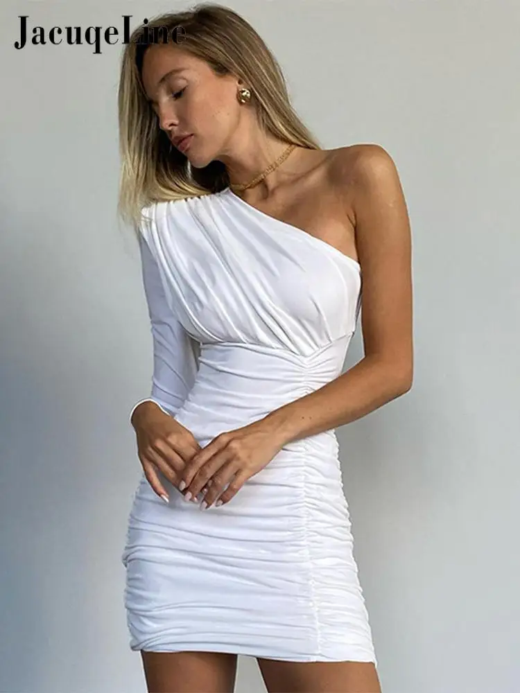 

Jacuqeline 2022 Long Sleeve Mini Bodycon Dress Women Sexy One Shoulder White Club Outfits Ruched Backless Black Party Dresses