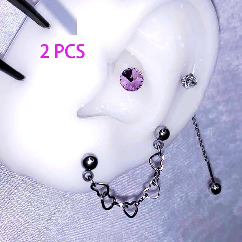 

2PC Surgical Steel Helix Chain Earring Stud Heart Dangle Cartilage Earstud Industrial Piercing Tragus Lobe Conch Ear Decoration