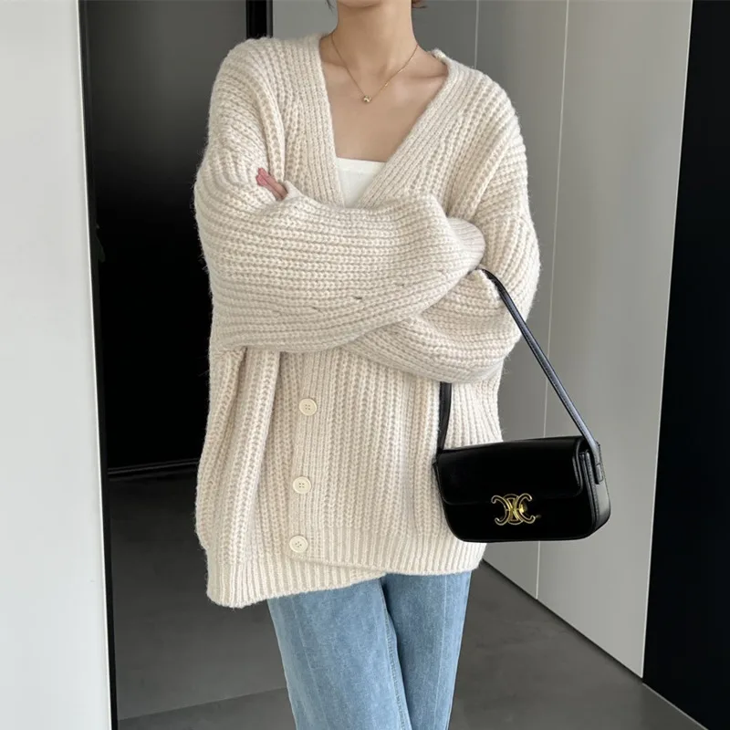 

Coarse Knitting Women Sweater Cardigans Autumn Winter New V-neck Twist Single Breasted Loose Thick Knitted Coat Beige Tops 2022