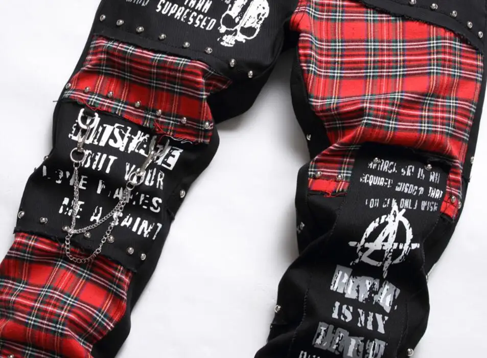 Джинсы мужские в стиле панк уличная одежда пэчворк джинсовые брюки хип-хоп