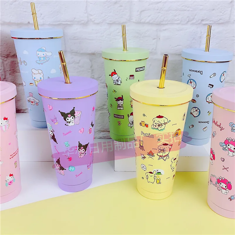 

750ml Sanrio Hellokitty Mymelody Kuromi Cinnamoroll Purin 304 Stainless Steel Straw Cup Coffee Cup Cartoon Car Insulation Cup