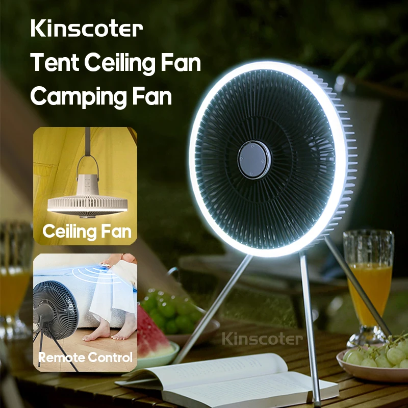 10000mAh Camping Tent Fan Desktop Portable Circulator Wireless Ceiling Electric Fan with Remote Control LED Lighting Tripod