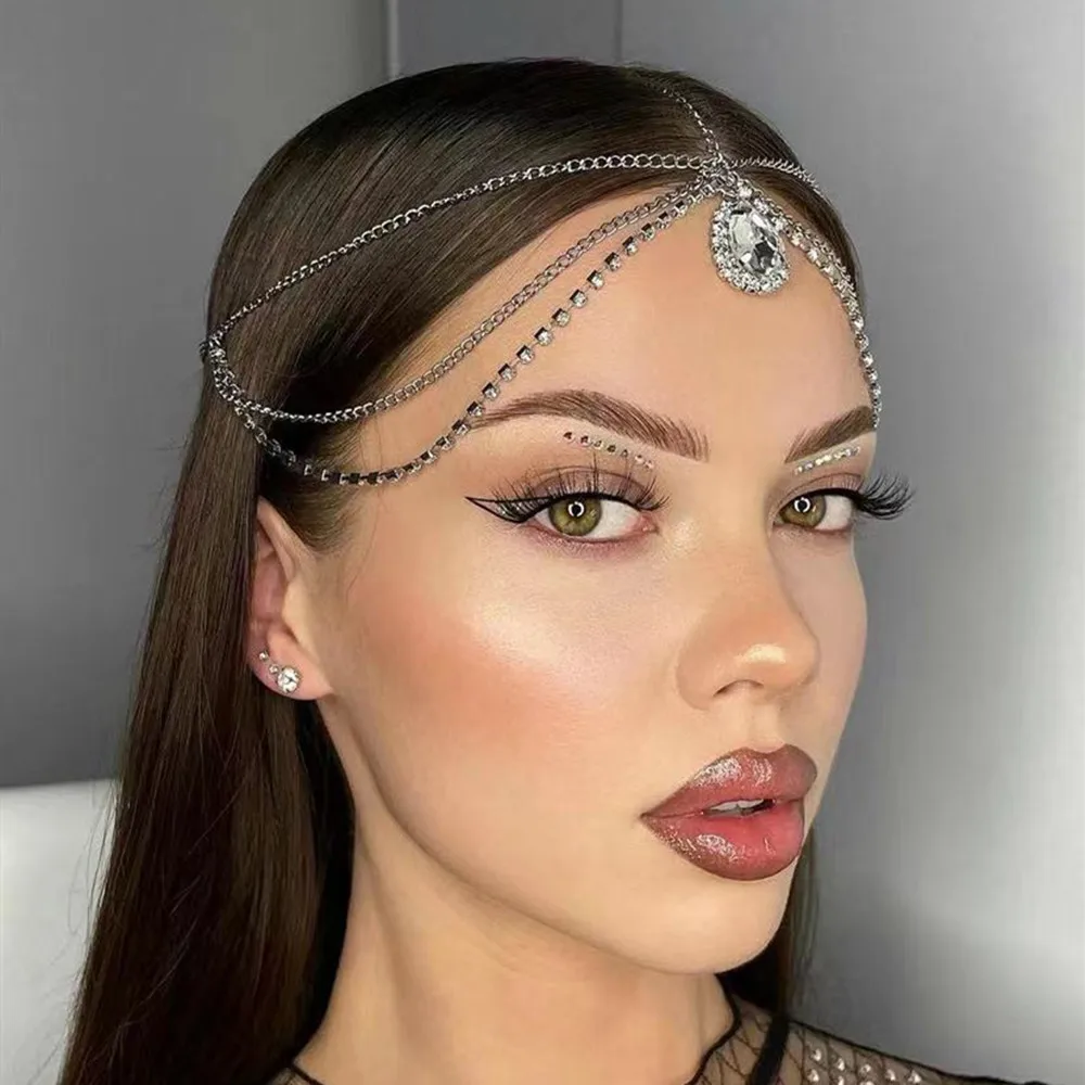 

Indian Rhinestone Hair Band Female Hair Accessories Crystal Tassel Hair Chain Headdress Bridal Water Drop Forehead Chain