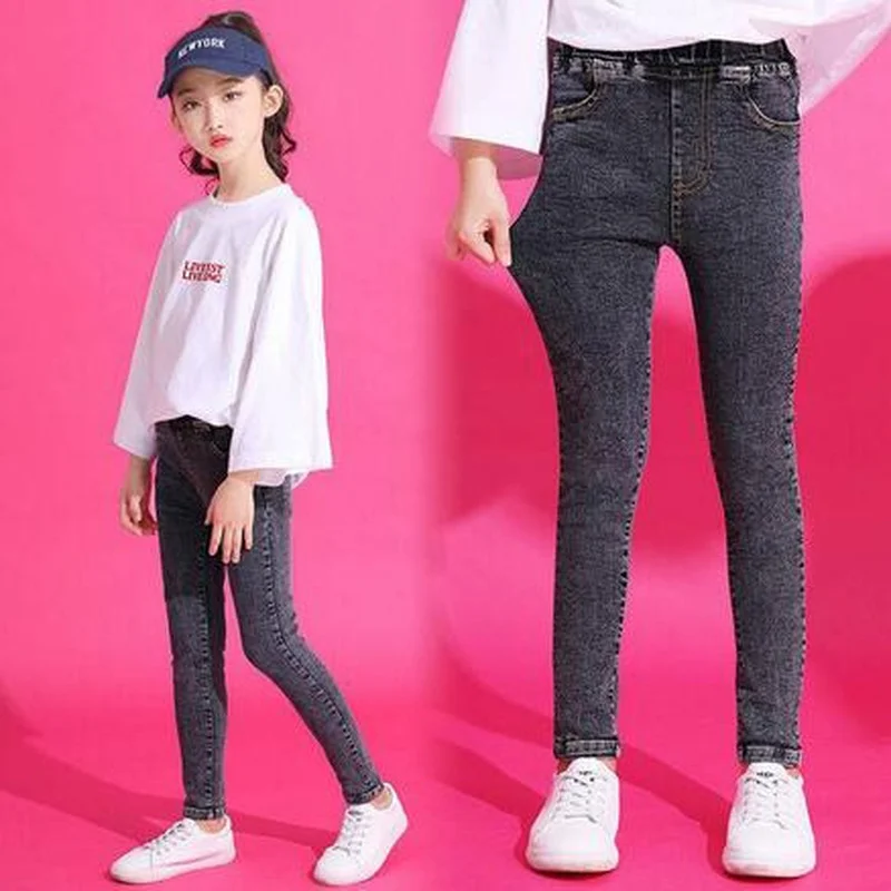 Джинсы для девочек-подростков узкие эластичные брюки из денима повседневные
