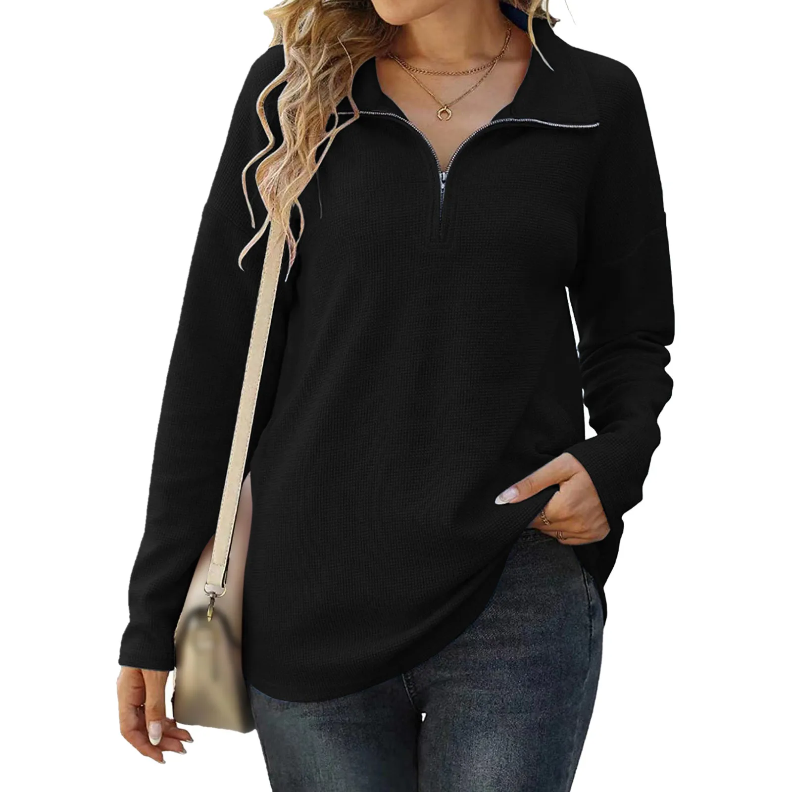 

Women Quarter Zipper Sweatshirt Long Sleeve Oversized Slit Side Knit Pullover Sweaters Funnel Neck Sweatshirts for Women