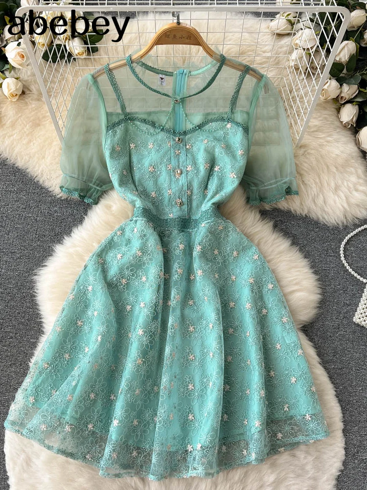 

Design Runway Women Green O Neck Midi Dress Luxury Summer Lace Ruffles Patchwork Mesh Floral Embroidery Party Vestidos