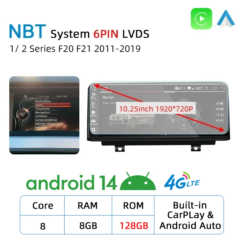 

Android 14 Беспроводной автомобильный Carplay для BMW 1 2 серии F20 F21 F22 F23 Автомобильная стереосистема с сенсорным экраном Авторадиоплеер 4G GPS-навигация