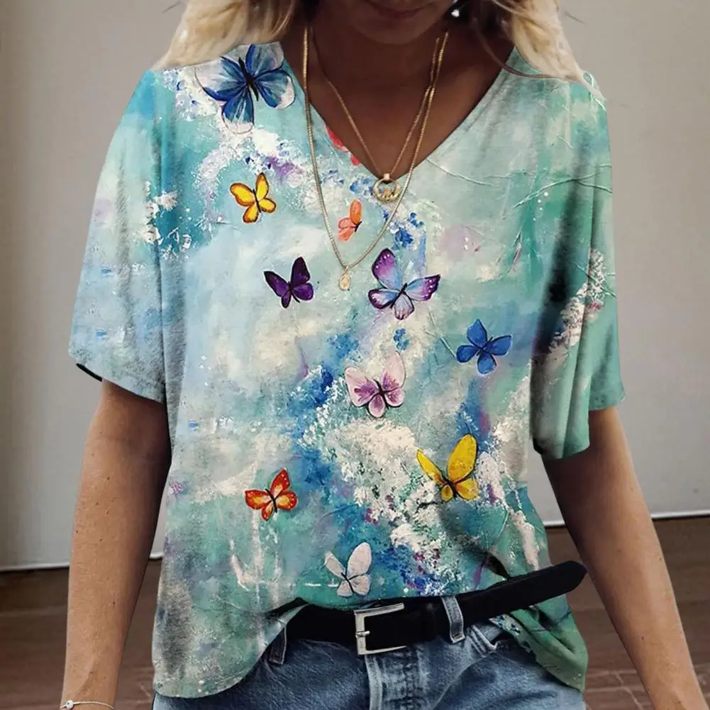 

Casual Top Stretchy Tee Top Sweet Butterflies Print Women T-shirt