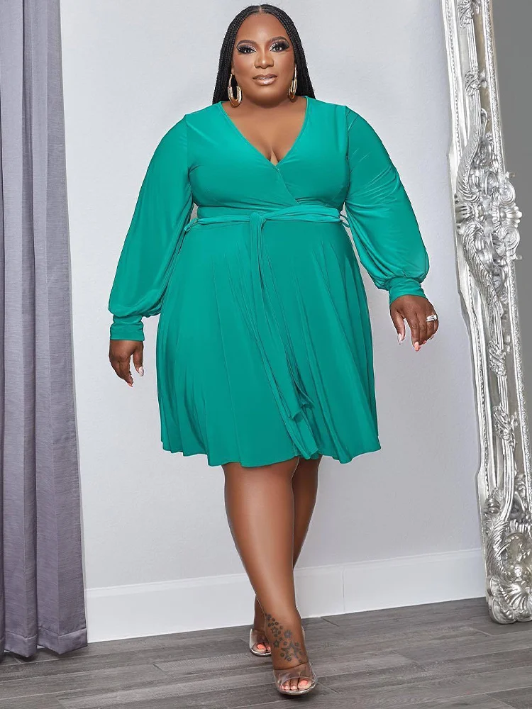 Plus Size Fit and Flare Dresses Women's Costumes Classic Deep V Neck Long Sleeve High Waisted Pleated Knee Length Robe