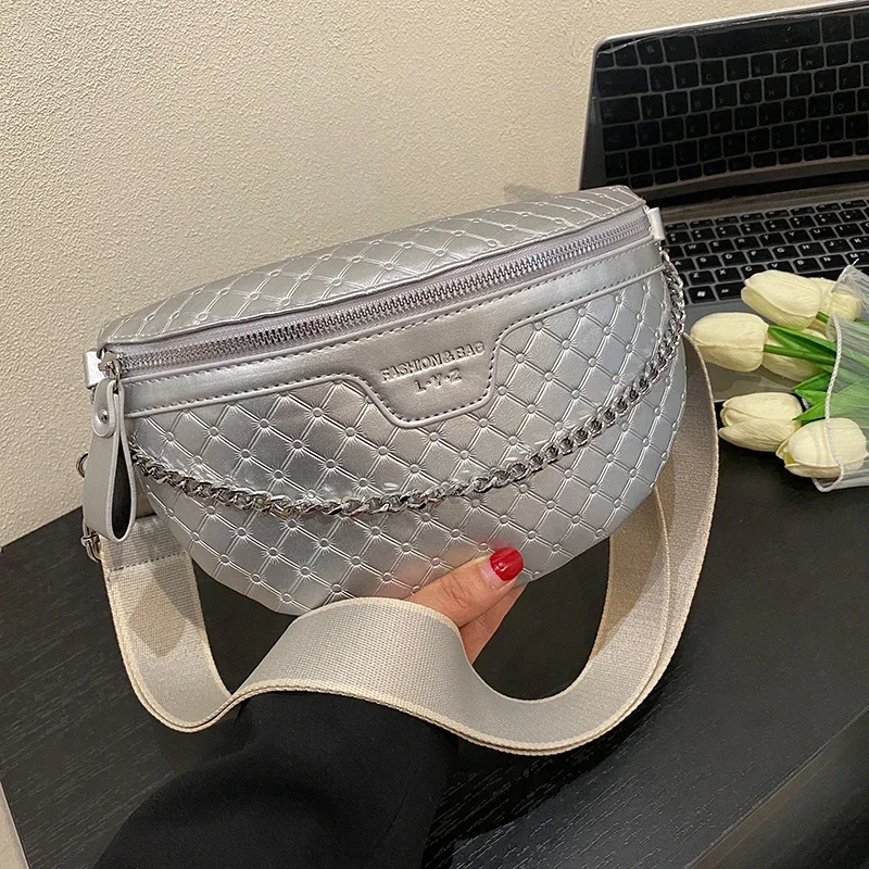 Клетчатая поясная сумка для женщин серебристая сумочка из искусственной кожи