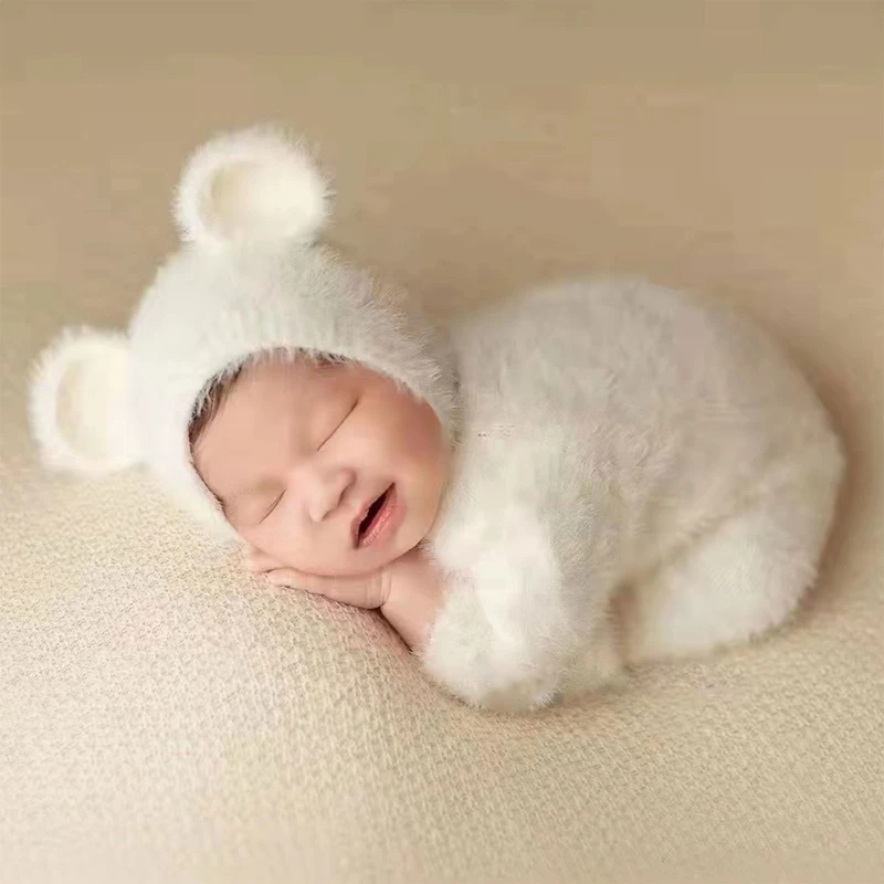 

2 Pcs/Set Newborn Photography Props Outsuits Baby Knitted Romper Cute Ears Hat Set Infants Photo Shooting Beanies Jumpsuit