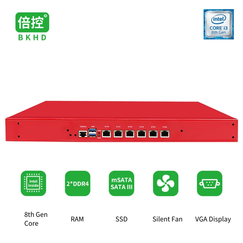 

Red Custom 1U Rackmount 8th Gen Core i3 i5 i7 Ethernet 1G/2.5G Firewall 6LAN Compatible with Pfsense MikrotikOS OPNsense BKHD