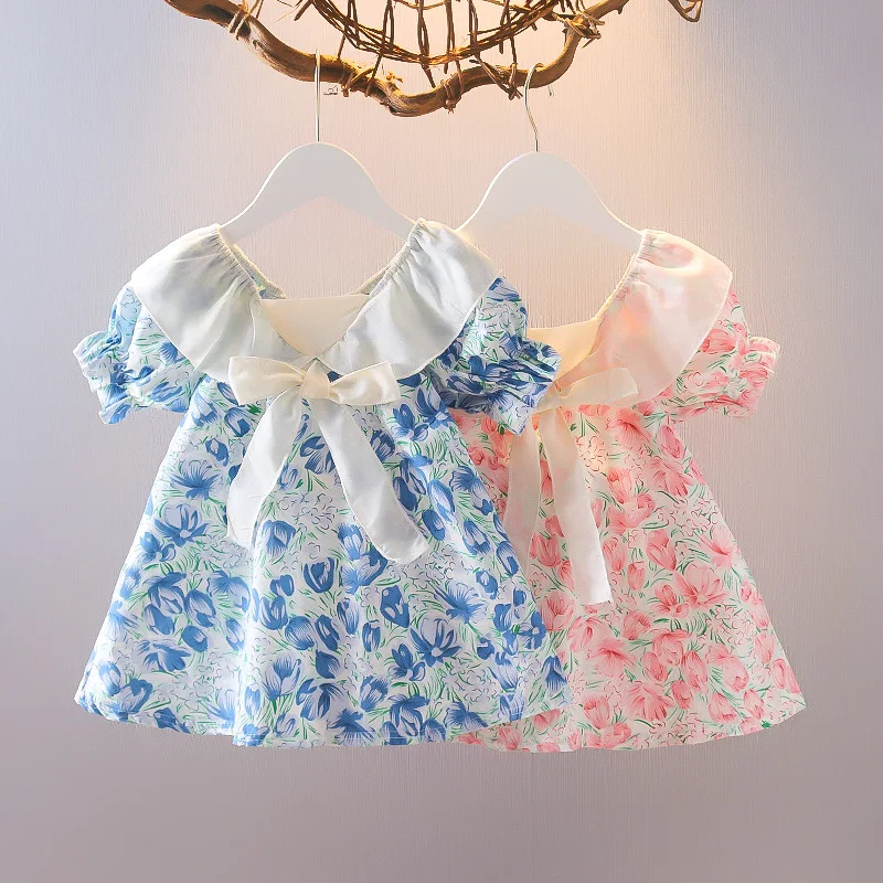 

New Toddler Baby Girl Dress Summer Doll Collar Bow Dress Princess Party Cute Floral Print Infant Fashion Chiffon Dress