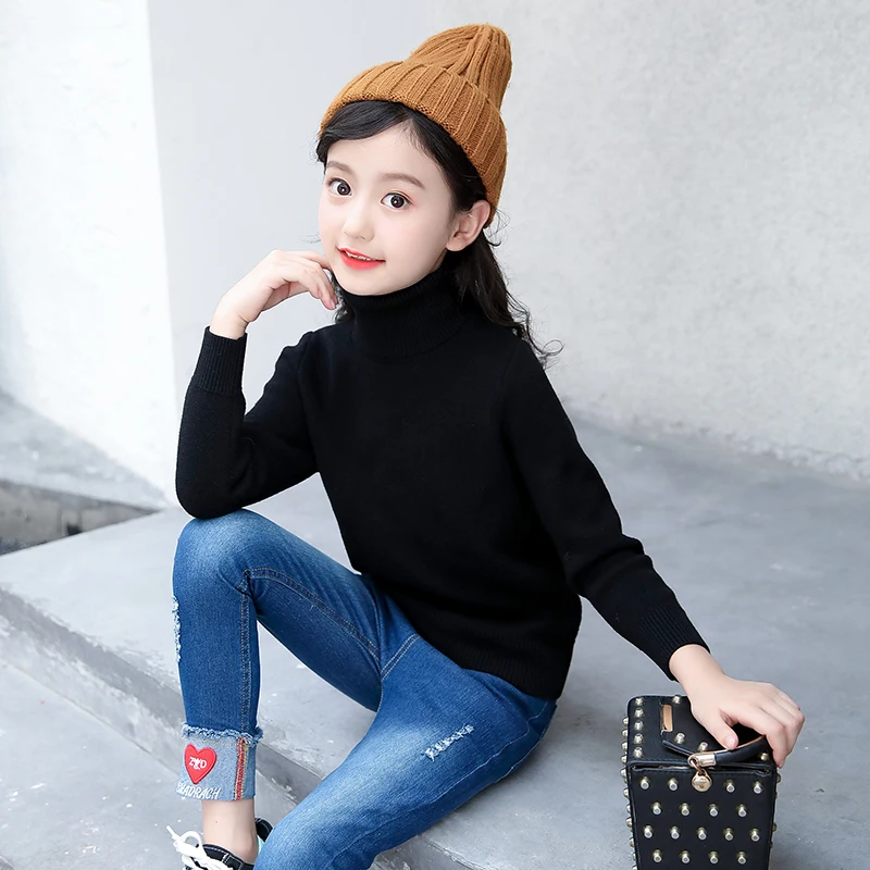 

Girls Turtleneck Sweater 2022 New Black and Grey Long Sleeve Knitwear Boys' Coat Spring and Autumn Outdoor Sports Baby Tops
