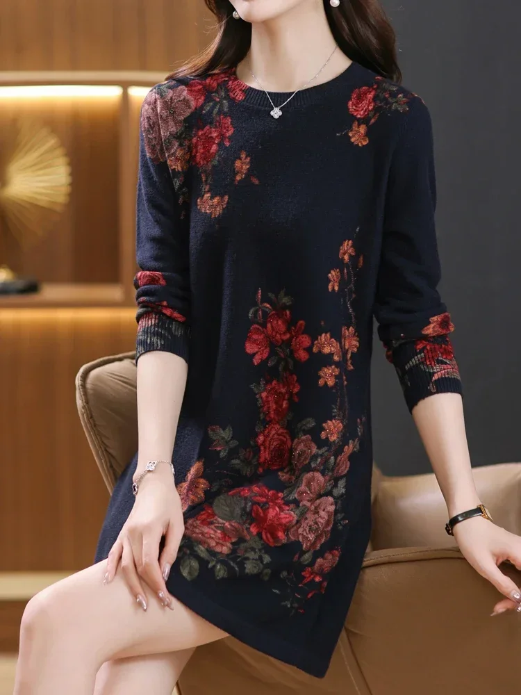 

100% Wool Print Sweater Dress Autumn Winter Korean Fashion Women Clothing Pullover O Neck Women's Sweaters Dresses