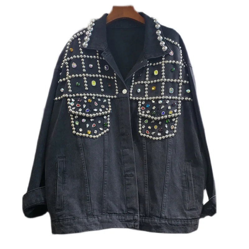 

SeeBeautiful Loose Denim Coat Turn-down Long Sleeve Single Breasted Pockets Rhinestone Women 2022 Autumn New Fashion Q600