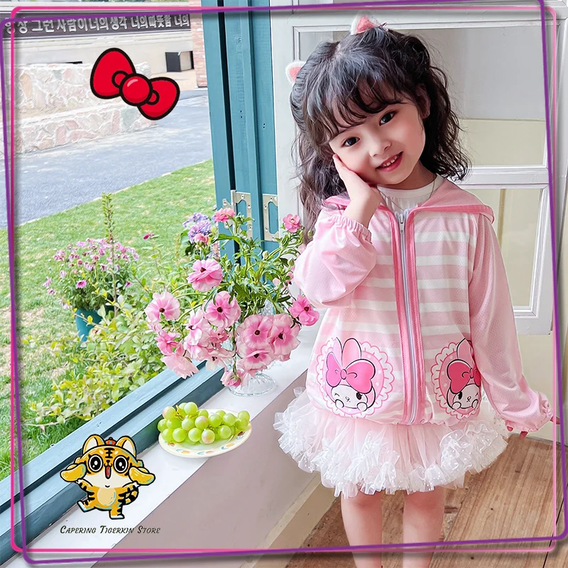 

Sanrio Dress Sets Kuromi Melody Cinnamoroll Kawaii Girl Iced Silk Sun Protection Hooded Clothes Skirt Children Breathable Custom