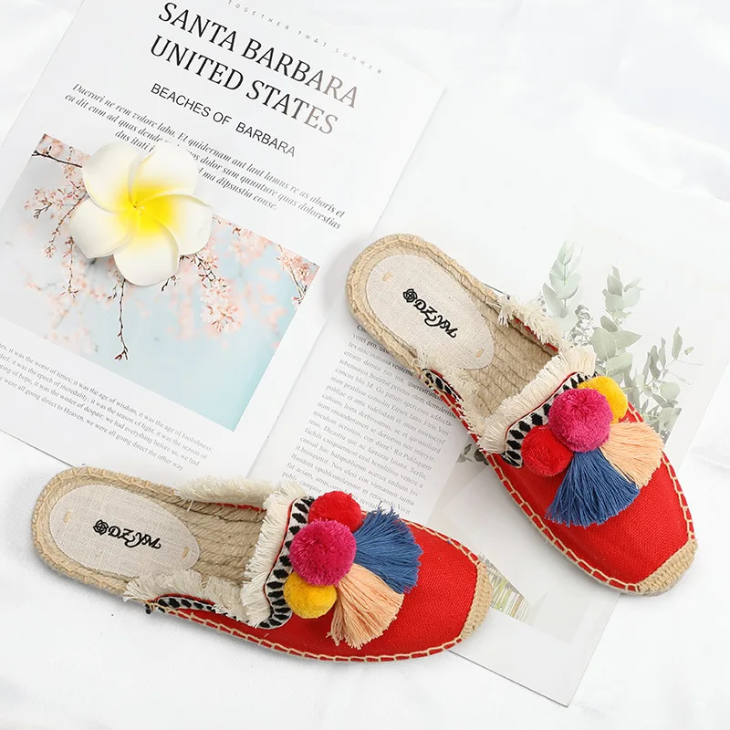 Summer Embroidered Hemp Slippers Colorful Fur Ball Fringe Flats Slip-on Casual Women Shoes Breathable Espadrilles Outdoor Slides
