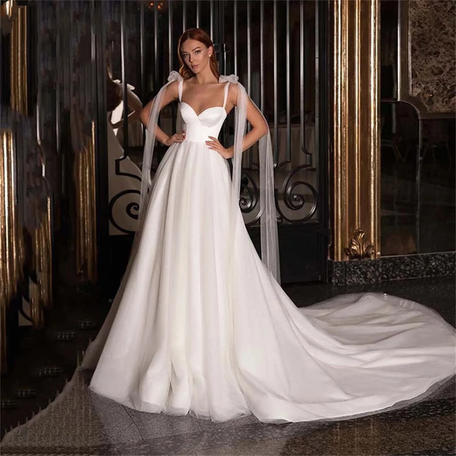 

2023 Elegant Satin Wedding Dresses for Bride with Spaghetti Straps Ribbons Princess Backless Civil Bridal Gowns Cheap