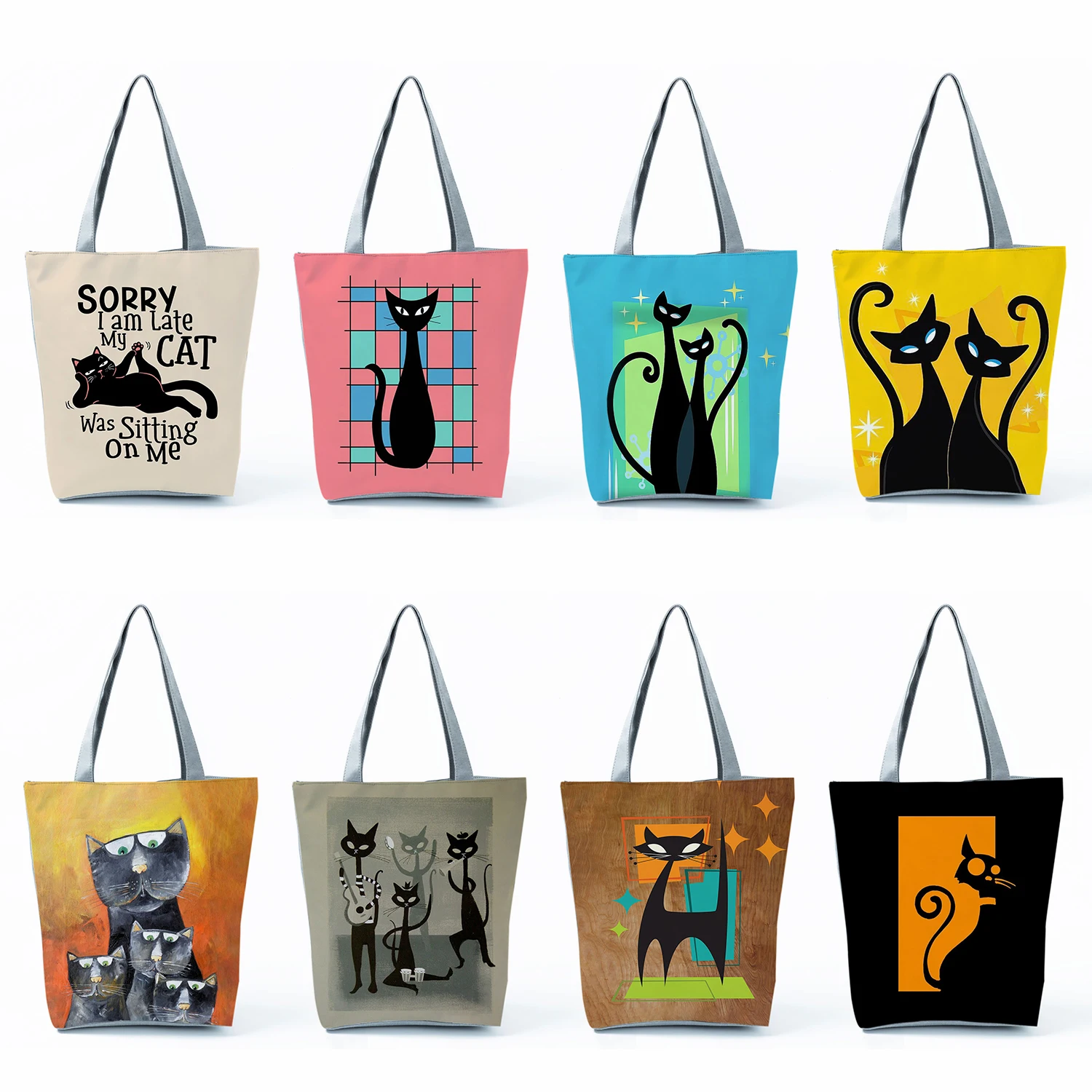 

Eco Reusable Large Capacity Casual Personality Cartoon Painting Cat Handbags Portable Traveling Shopping Bag Women Shoulder Bags