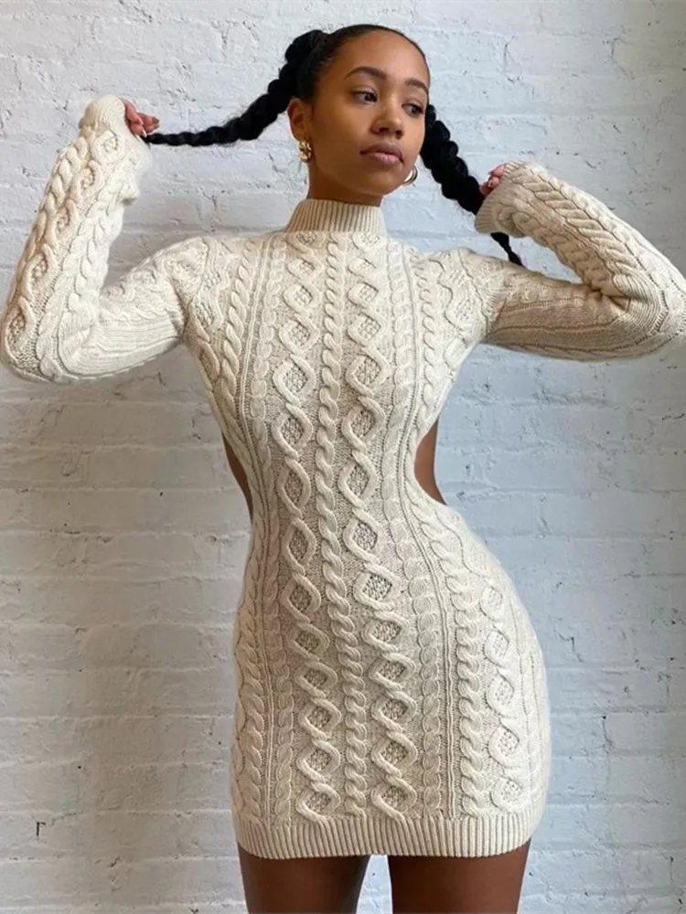 

hirigin Sexy Knitted Sweater Dresses Fall Winter Clothes for Women Rave Outfit Backless Long Sleeve Mini Bodycon Birthday Dress