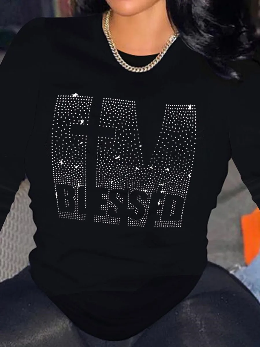 

LW Plus Size New 2022 Rhinestone Blessed Letter Decor T-shirt Long-sleeve T-shirt Slim Stretch Casual Bottoming Shirt Women Top