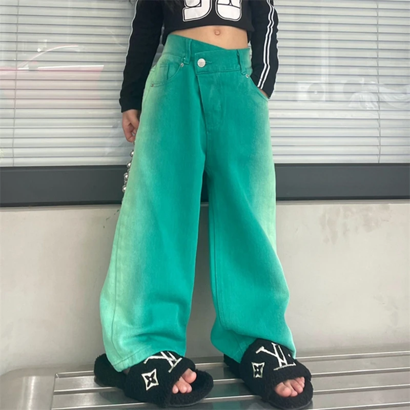 

Джинсы с высокой талией для девочек, цветные джинсы для детей, Длинные прямые широкие брюки, мешковатые брюки, детская одежда для улицы