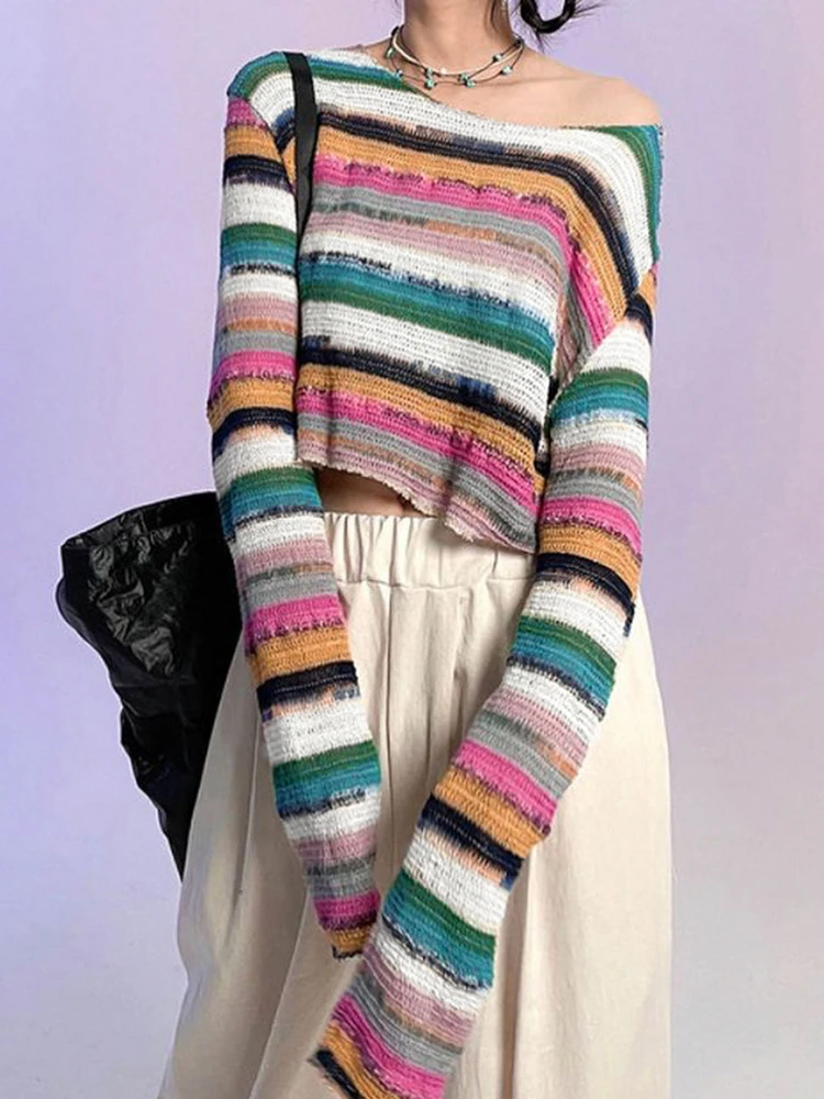 

Sunny y.j. Stripe Print Off Shoulder Long Sleeve Knit O Neck Women Pullovers Casual Loose 2022 New Style Tee Fashion Streetwear
