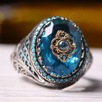 new inlaid turquoise mens luxury ring personality retro personality aquamarine ring to attend the banquet party fashion jewelry