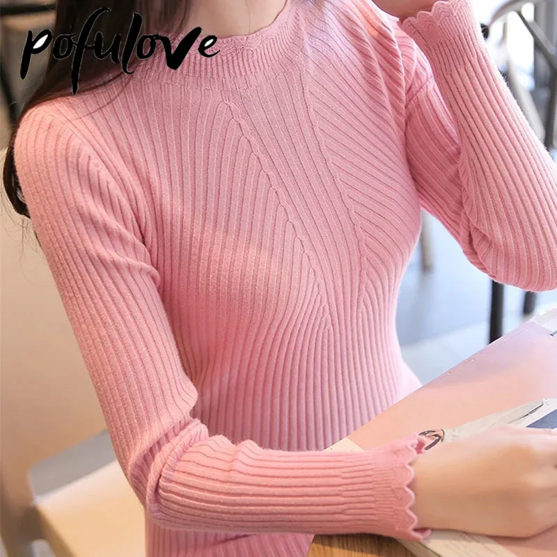 Женский свитер с высоким воротником длинный Однотонный пуловер трендовый