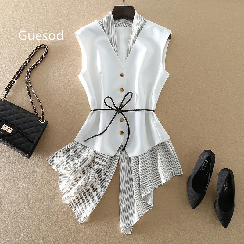 

Women Wool Silk Tank Top Striped Patchwork Sleeveless Belt Tank Casual Elegant Two Piece Set New