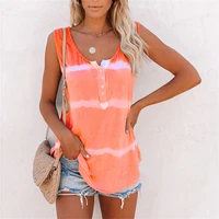2022 summer women tie dye striped printed vest t shirts casual loose oversize tank tops ladies o neck button sleeveless t shirt