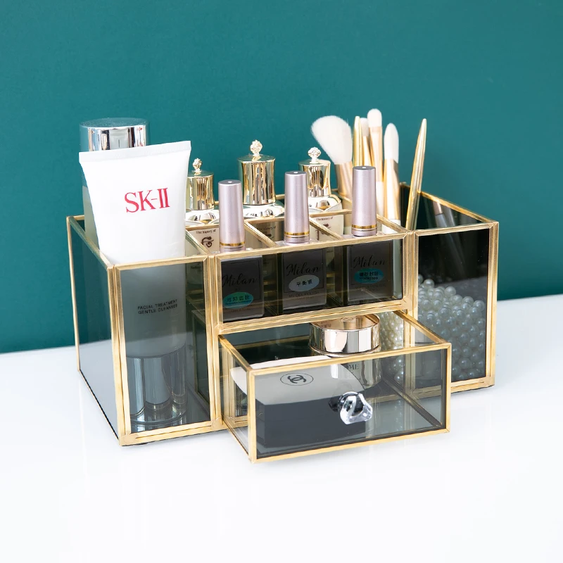 

Gold Glass Storage Box Glass Cosmetic Rack Desktop Storage Rack