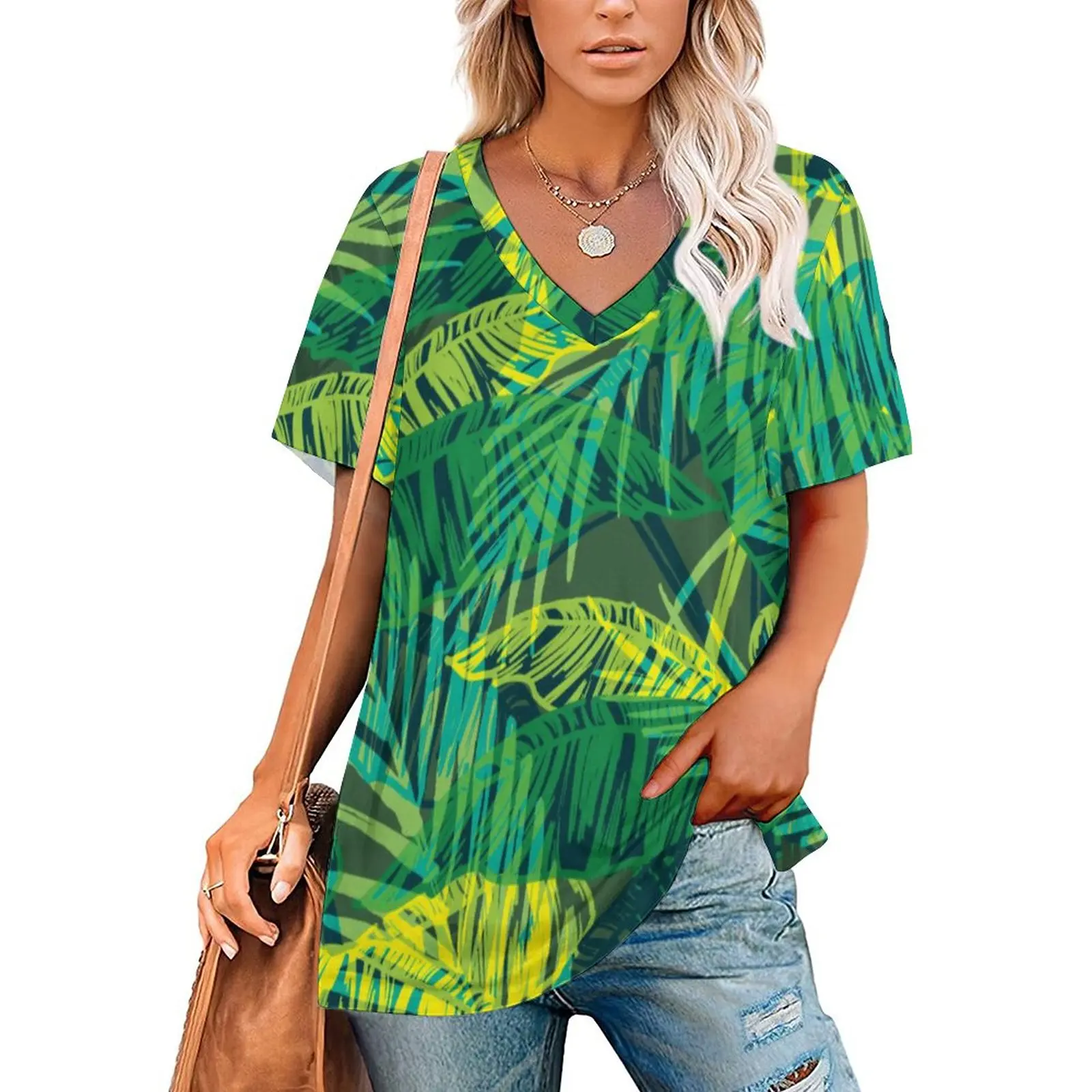 

Modern Tropical Palm T-Shirt Green Leaves Print Kawaii Oversize T-Shirts Short Sleeve V Neck Casual Tshirt Ladies Design Tops