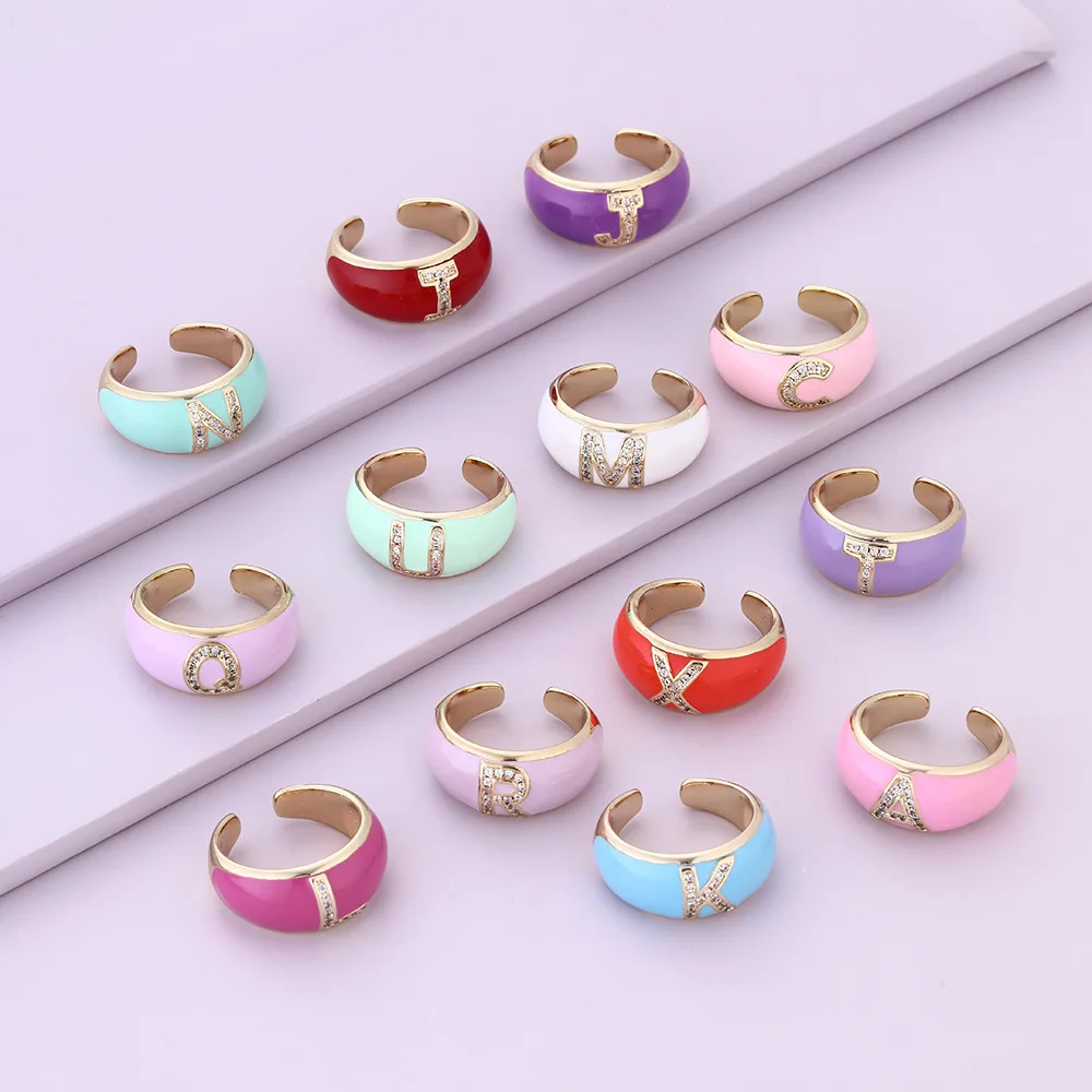 

2022 New Enamel 26 Initial Letter Ring Trendy Geometric Colorful Anillo For Women Girls Opening Adjustable Finger Rings Jewelry