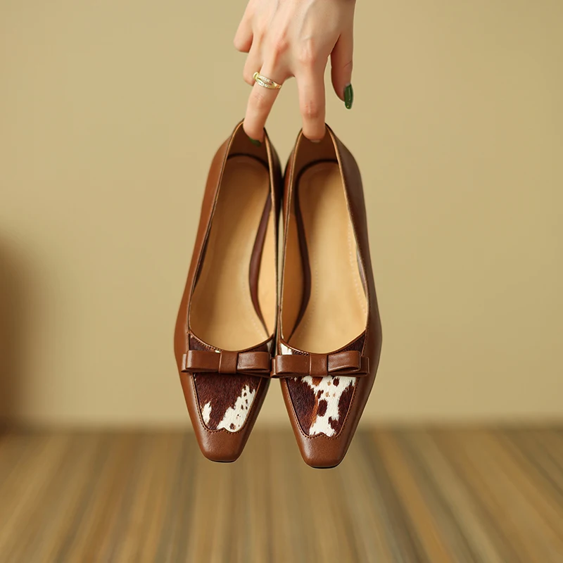 

2022 Women Pumps natural leather 22-24.5 cm length cowhide+horse hair upper small square bow full leather shoes for women