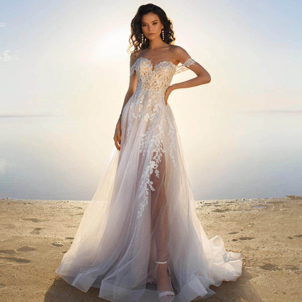 

Vintage Wedding Dress Off The Shoulder Sweetheart Lace Appliques A Line Tulle Bride Dress Open Back Robe De Mariee Custom Made