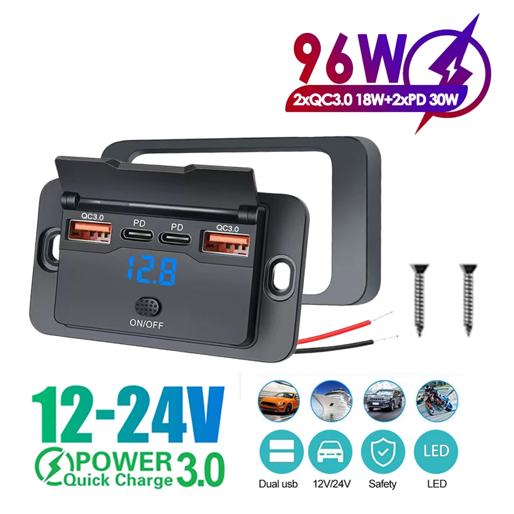 

3/4 порта PD + QC3.0 с двойной USB-розеткой для быстрой зарядки типа C, розетка для зарядного устройства для телефона с переключателем, светодиодная подсветка для автомобиля, грузовика, морской пехоты