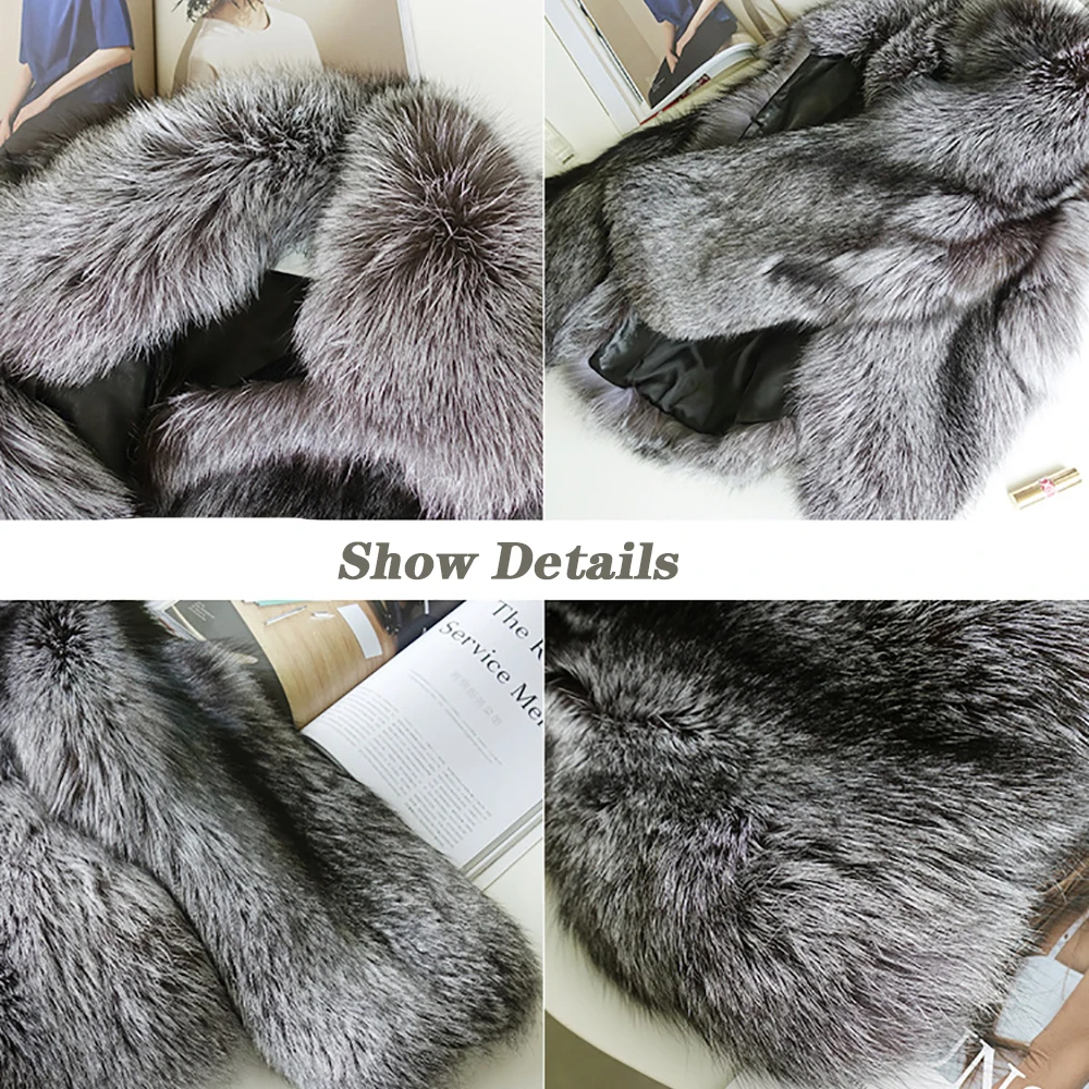 Winter Women Silver Fox Fur Coat High Quality Luxury Faux Fur Jacket Thicken Long Sleeve Fox Fur Overcoat Fluffy Furry Outerwear