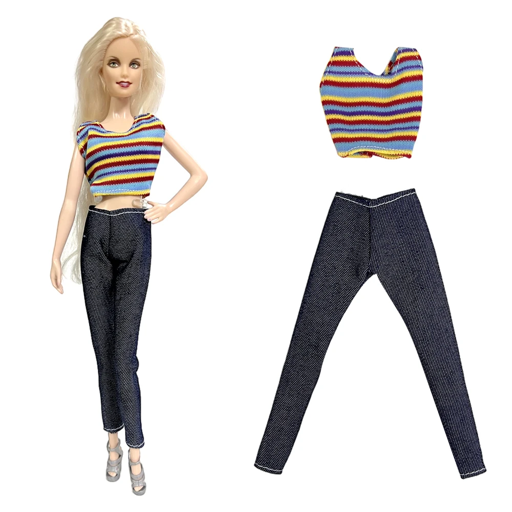 

NK официальный 1 комплект модное Кукольное платье без рукавов цветная полосатая рубашка джинсы для куклы Барби 1/6 игрушка Детские подарки