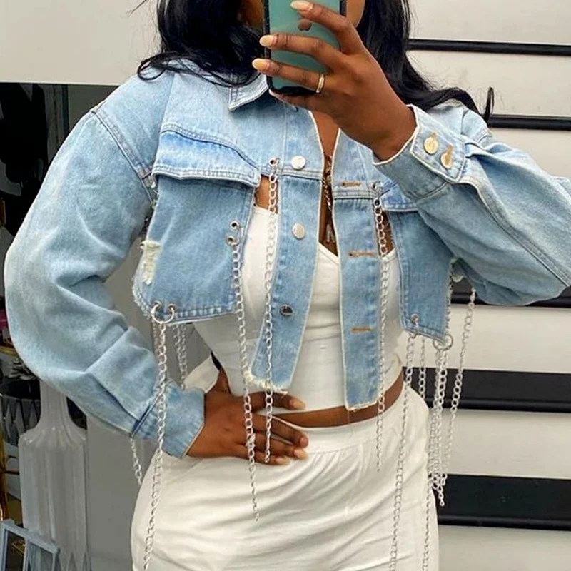 

Женский джинсовый топ с длинным рукавом, голубого цвета