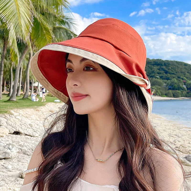 

Summer Women bow tie travel cap wide Large brim Sun Hat outdoor beach fisherman cap UV proof sun protection hat bucket hat